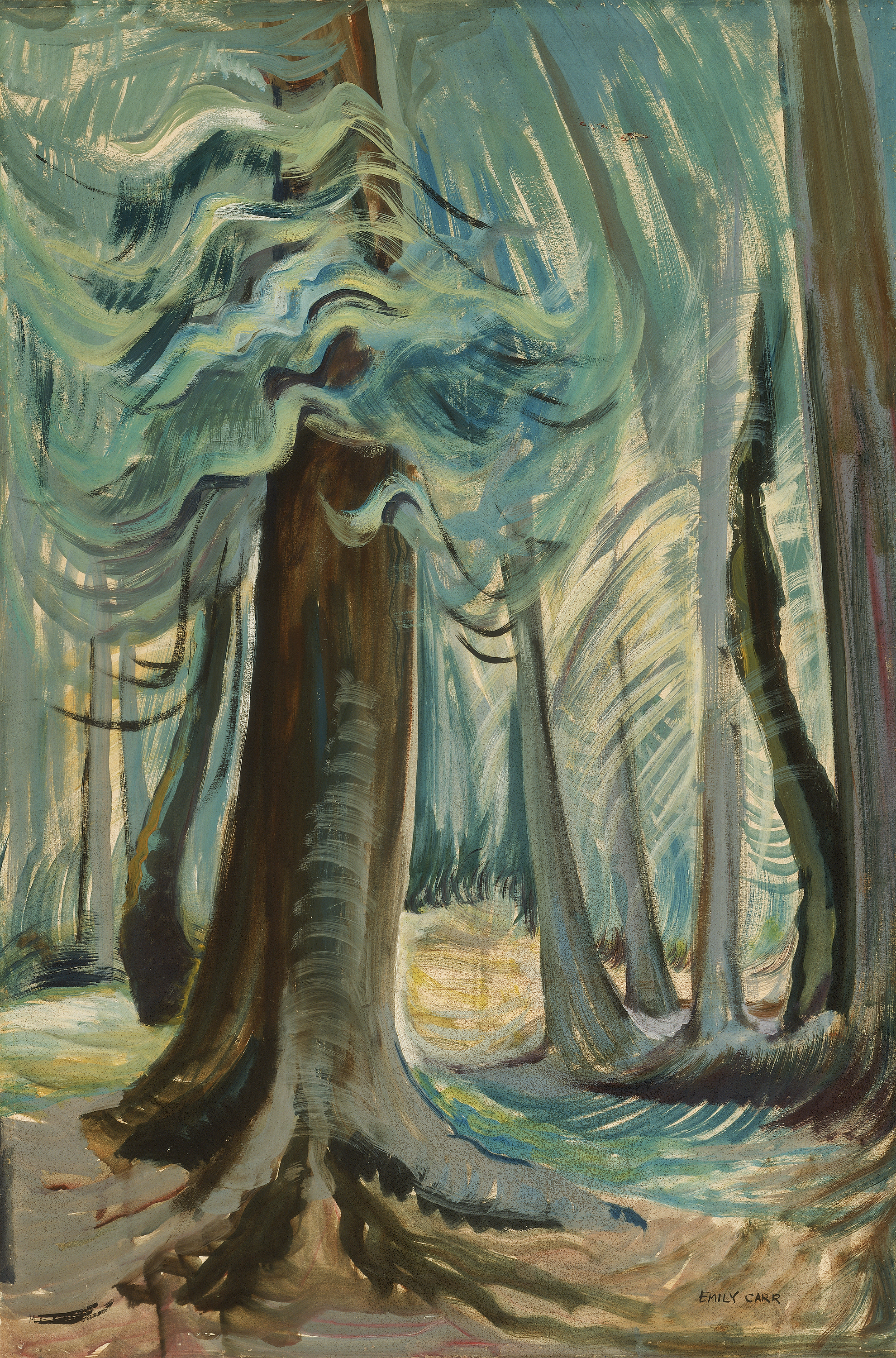 Oil painting of a large tree in a forest with light colours.
