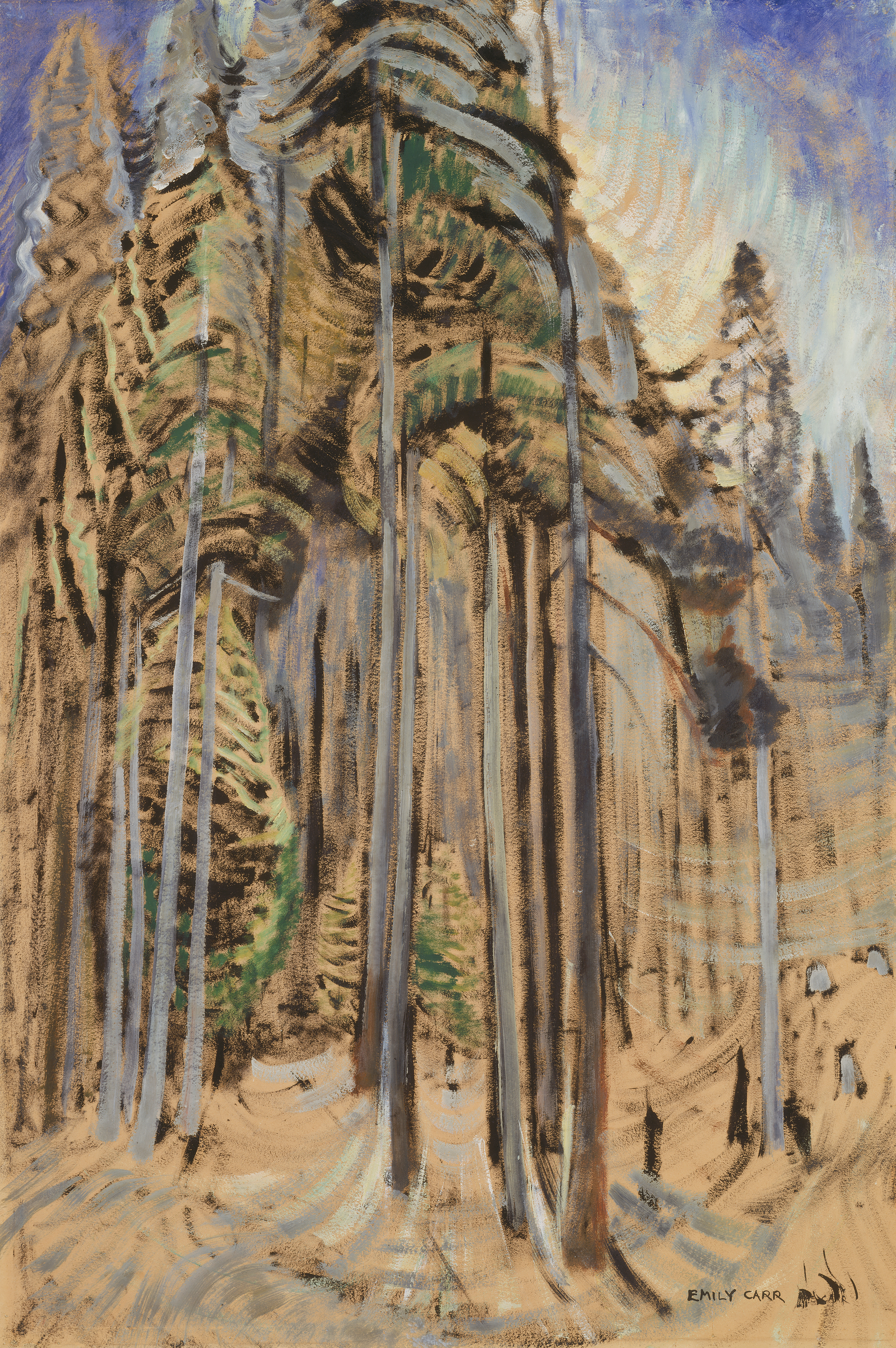 Oil painting of a forest scene with tall coniferous trees with a blue sky visible in the upper right corner.
