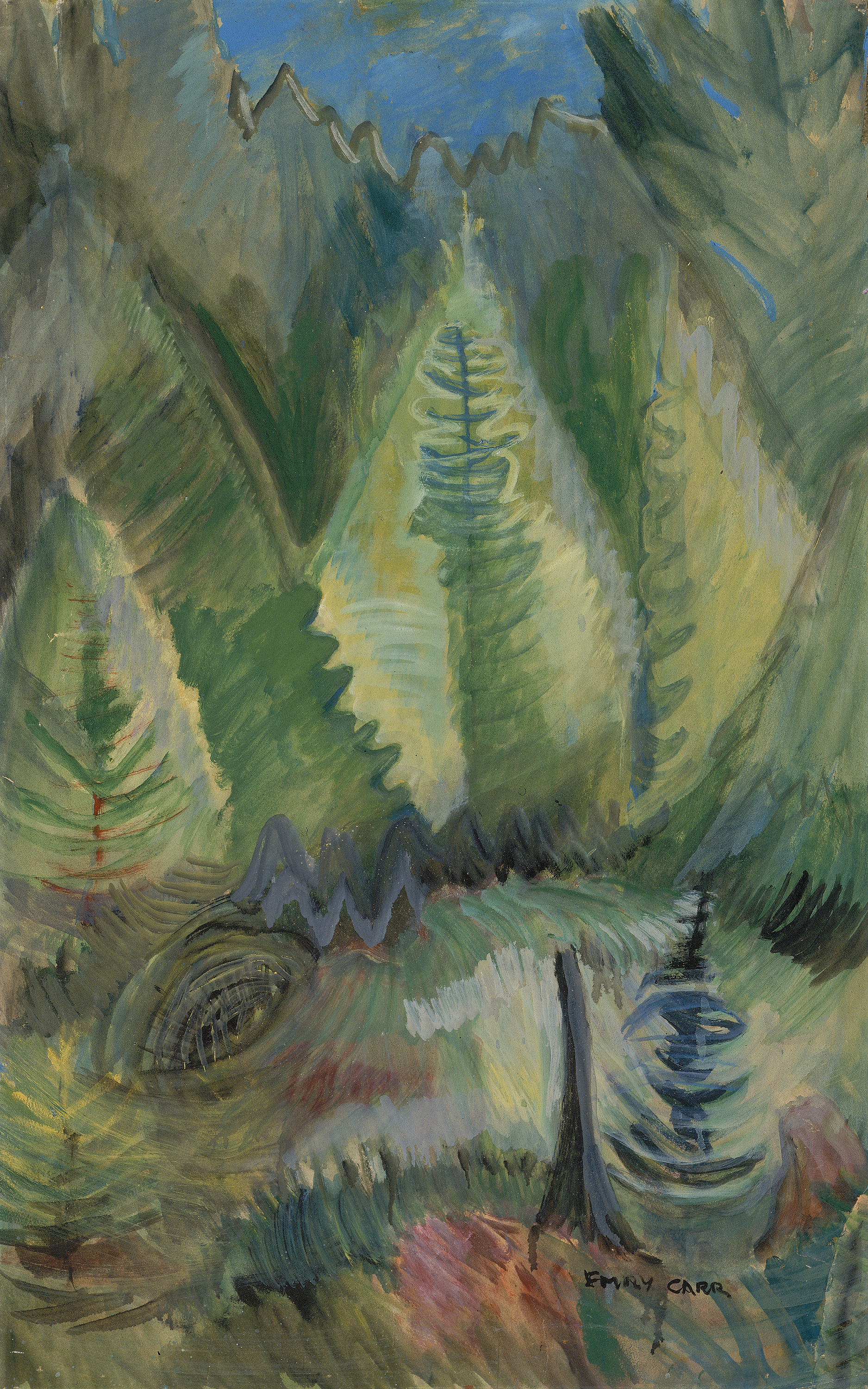 Oil painting that depicts a forest clearing in the foreground with triangular trees behind.