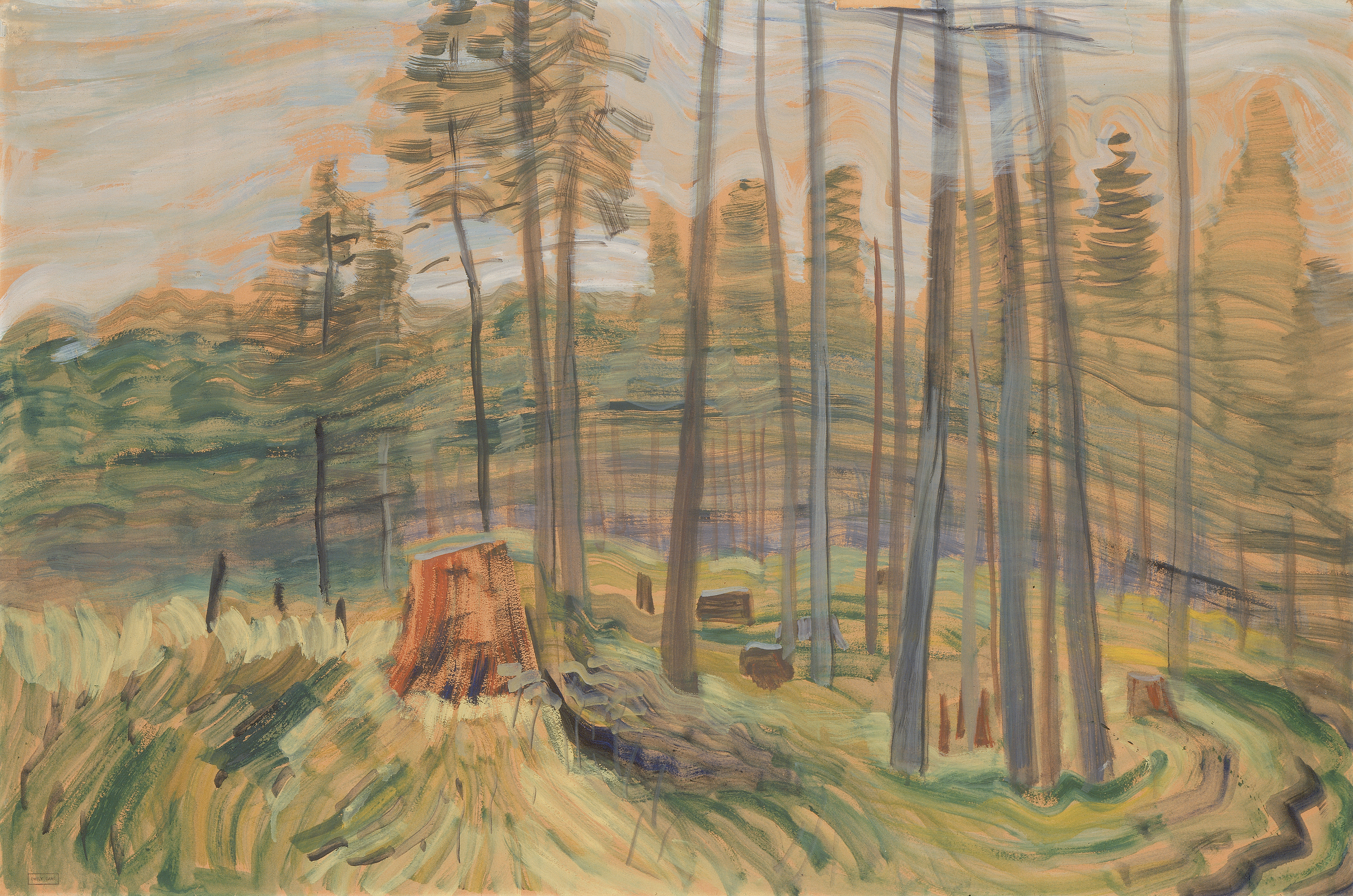 Oil painting depicting a stump surrounded by a grove of tall coniferous trees with concentric waves of vegetation below and behind.