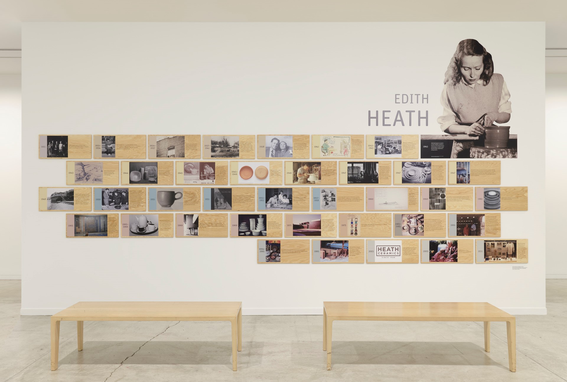 Photograph of thrity eight small rectangles with different images and text, and photo of Edith Heath on her pottery wheel on top of them.